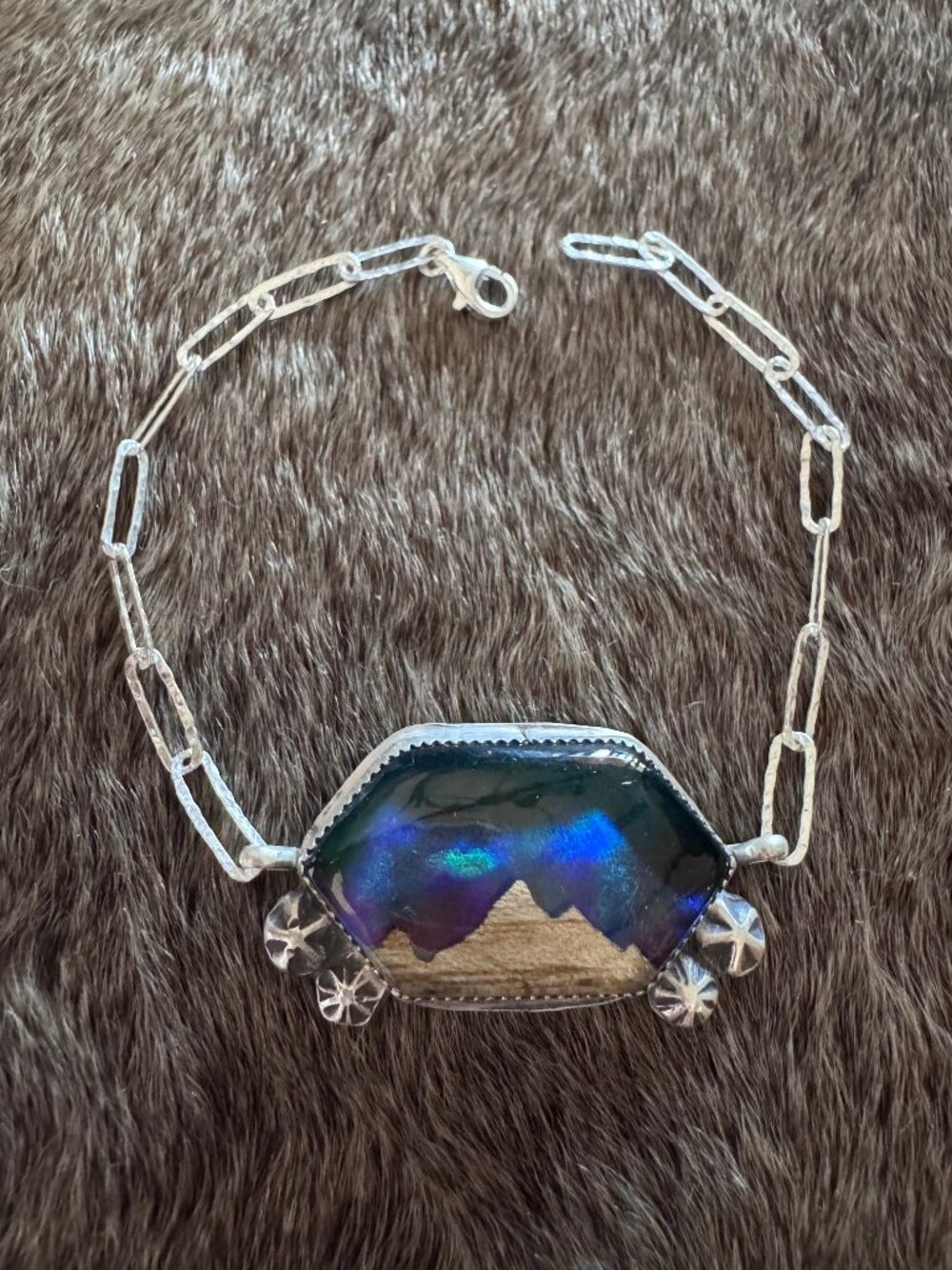 Handmade Sterling Silver Wood Carved Inlay Mountain 8" Bracelet by Roaming Buffa
